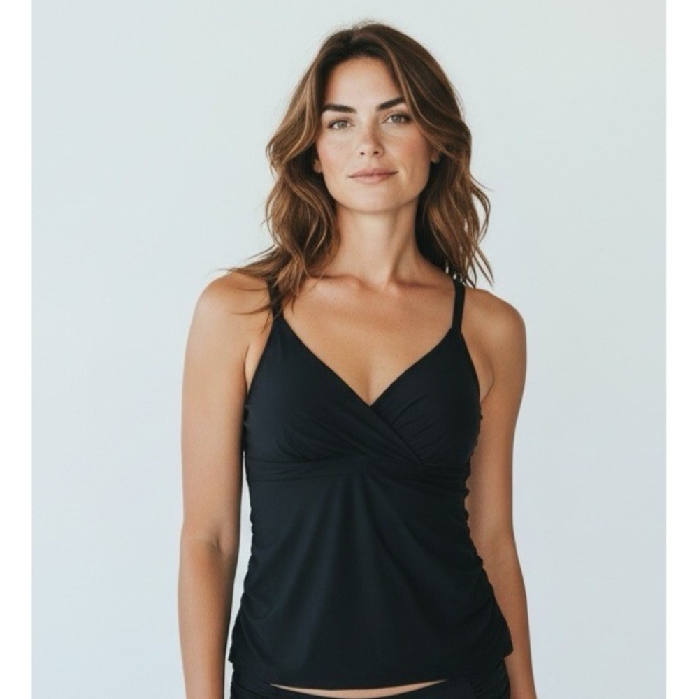 Anne Cole XS UPF 50 Twist Front Ruched Tankini Swim Top Underwire Black NEW 1777